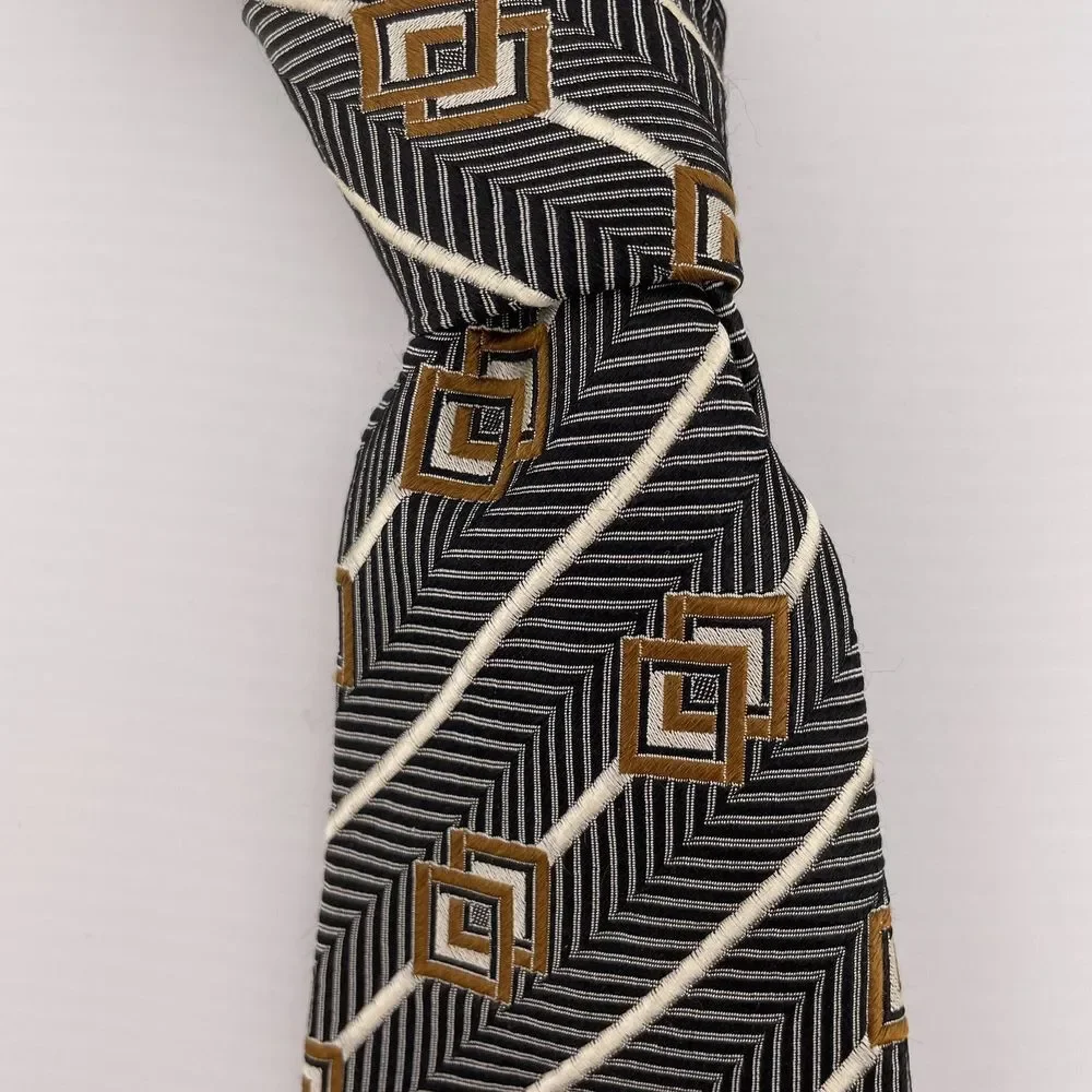 MARK PENDLETON Men's Designer Silk Necktie Black Brown Striped Geometric 60